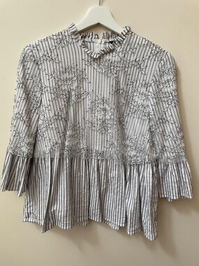 Zara White and Black Striped Floral Peplum blouse with lace and ruffles